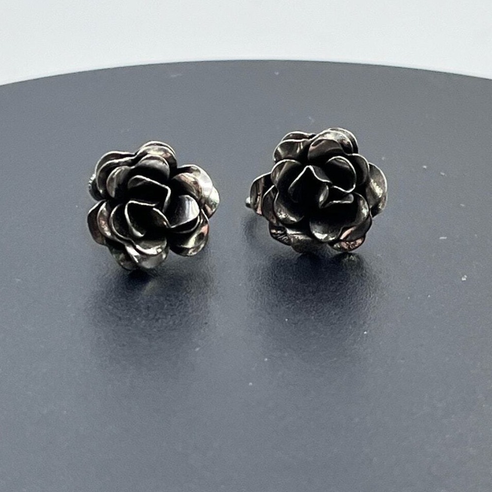 Sterling Silver Vintage Oxidized‎ 3D Rose Flower Screw Back Stud Earrings